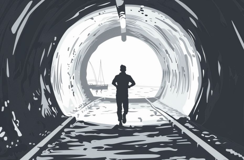 Blackout track man rent in donkere tunnel illustratie