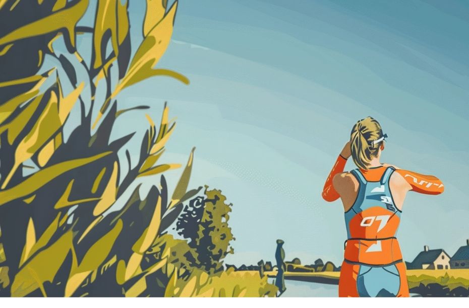 Een illustratie van een vrouw die een beginnerswetsuit draagt voor triathlonzwemmen