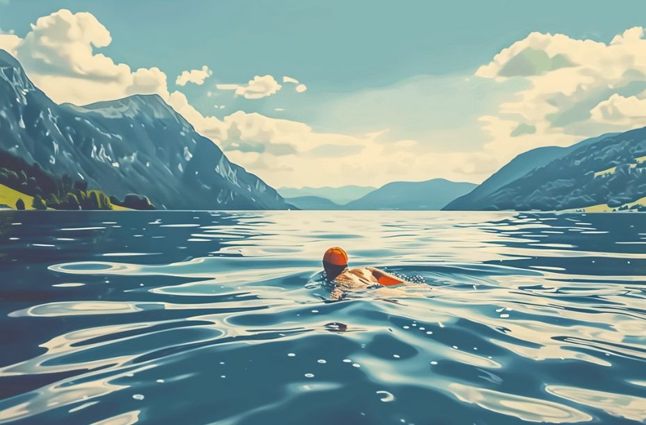 Een triatleet in open water aan het zwemmen, bergen op de achtergrond